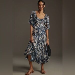 Anthropologie Hutch Tropical Twist-Front Puff-Sleeve Ruffle Dress
